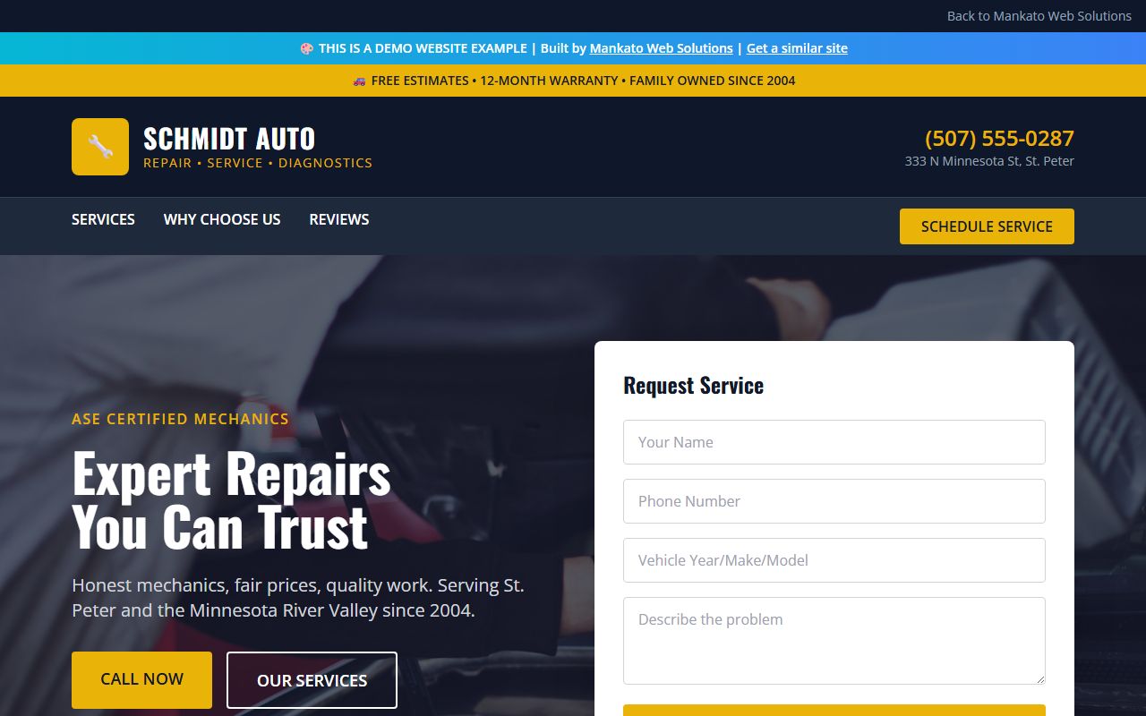 Auto repair shop website demo - mechanic services and online booking