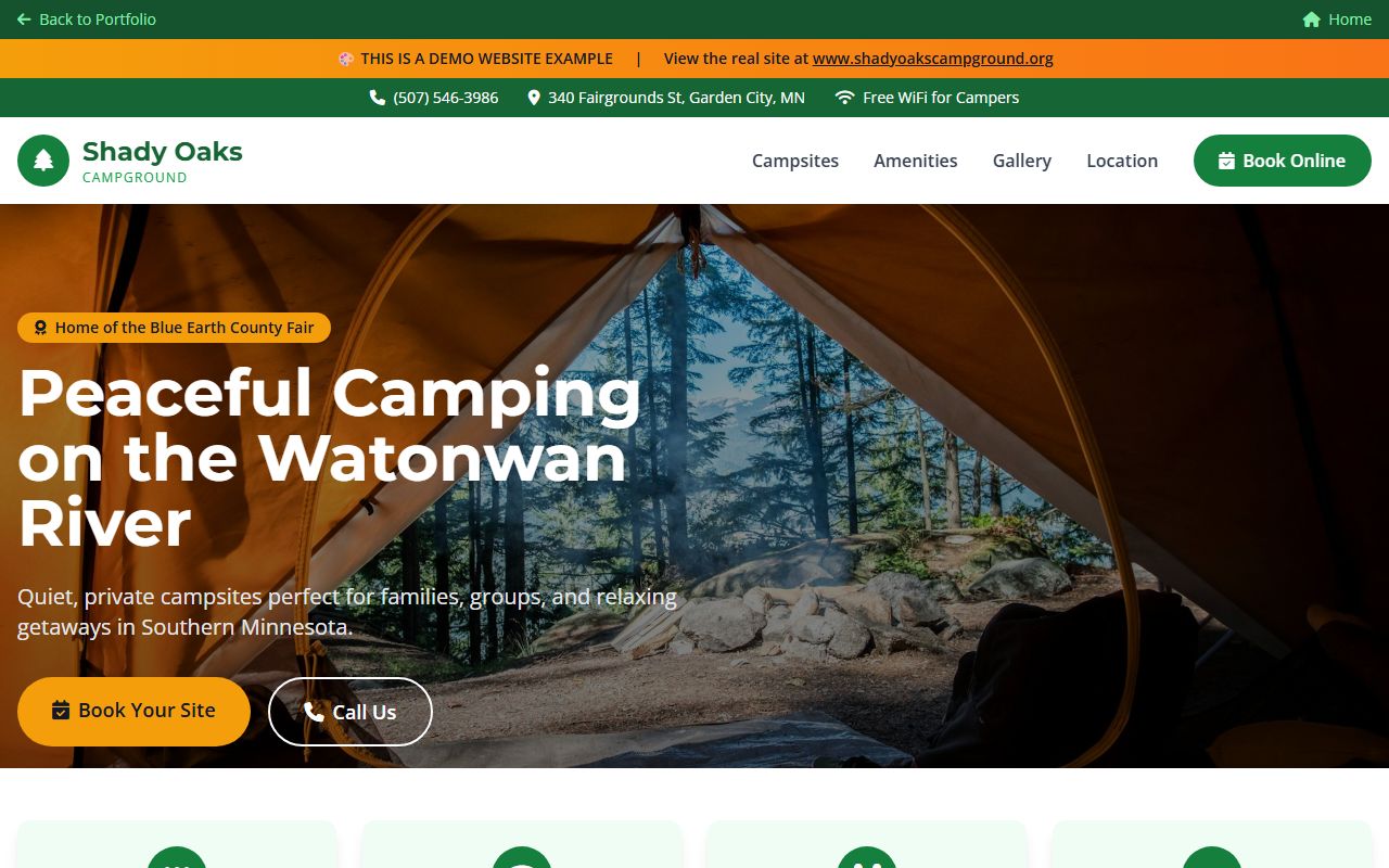 Shady Oaks Campground website demo - RV camping and tent sites in Garden City MN